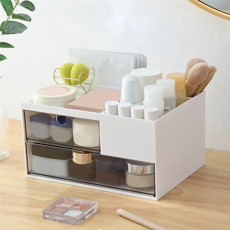 منظم مكتب بلاستيكي لتخزين المكياج مع درجين و4 حجرات، منظم مكتب