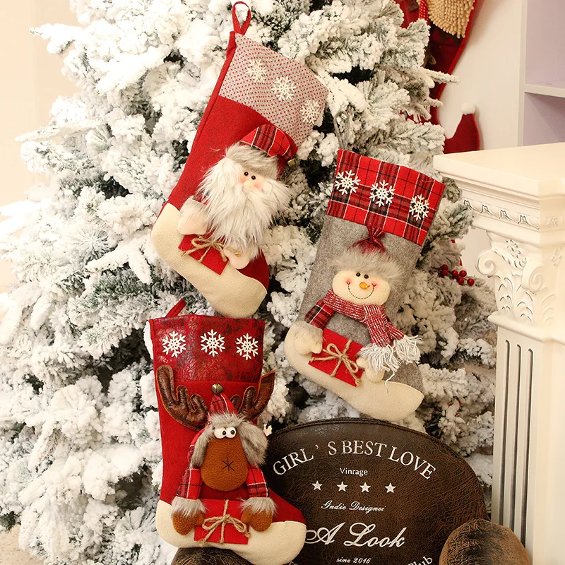 1pc Christmas Santa & Snowman & Reindeer Stocking Ornament, Christmas Stocking Hanging Pendant