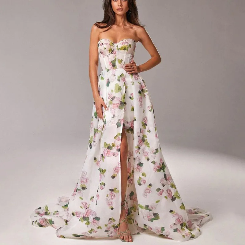 Luxury Banquet Party Print Wrapped Chest Open Back Lace up Women's Fashion Fragmented Flower Large Swing Split Evening Dress