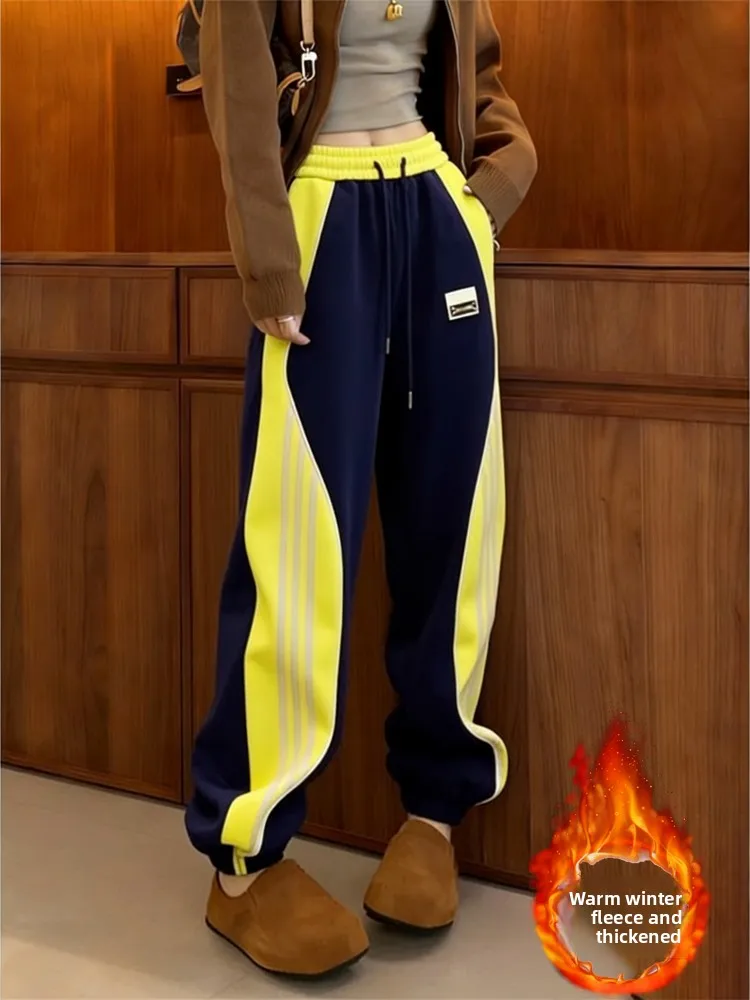 

Fleece Lined Sporty Casual Pants Women's High Waist Loose Slimming Striped Color Block Trendy Trousers Straight Leg Joggers