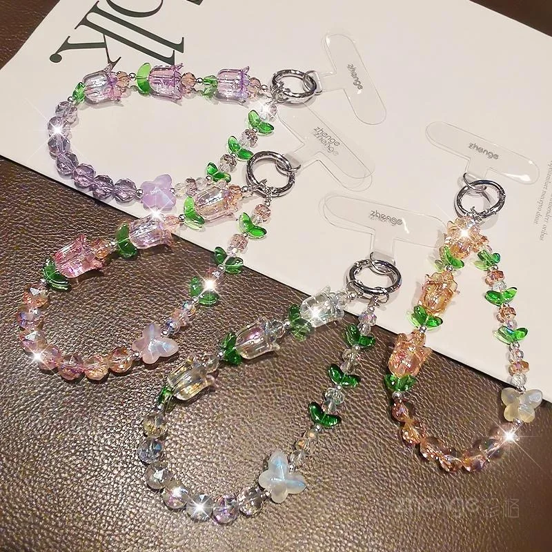 كريستال توليب الهاتف الحبل مطرز سلسلة تصميم قصير مناسبة للاستخدام في الهواء الطلق مع مقطع