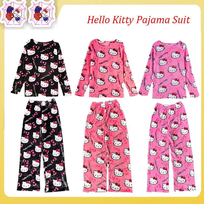 New Hello Kitty Pajama Suit Cartoon KT Cat Pjs Pants For Women Y2k Halloween Cosplay Dress Household Sleepwear Girls Gift