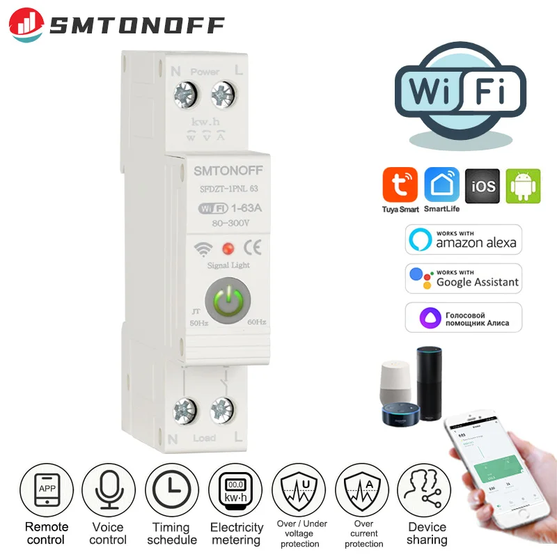 Disyuntor inteligente TUYA WiFi MCB, protección contra sobrecorriente y bajo voltaje, medición de energía, interruptor de Control remoto de 1-63A