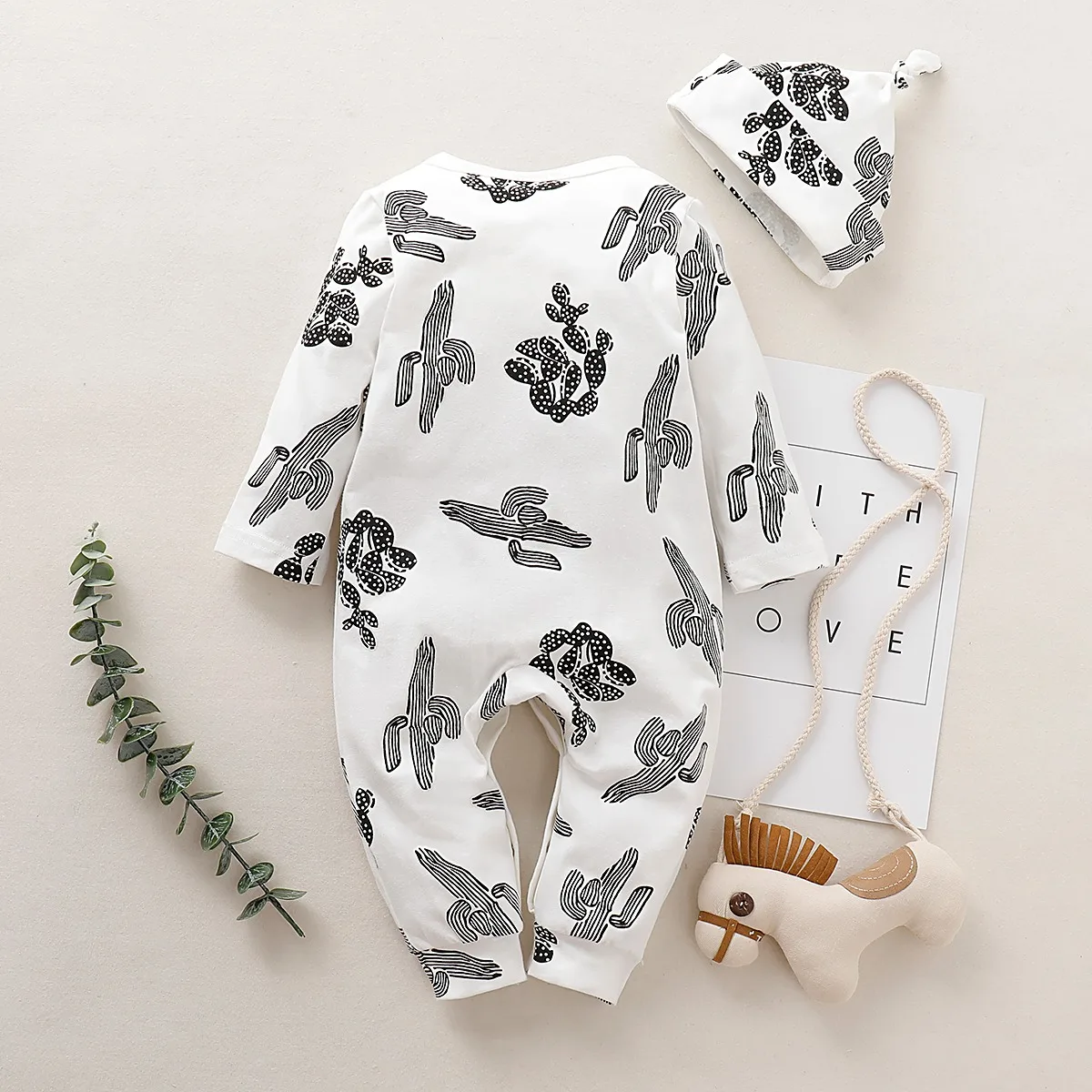 2PCS Newborn Baby Boy Fashion Jumpsuit Cactus Long Sleeve Bodysuit+Hat Spring&Autumn Romper for Infant Boy 0-18 Months