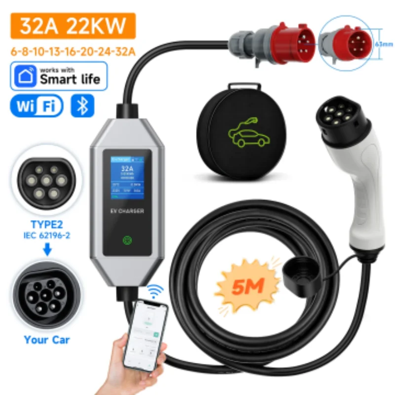 JNTAFEV 22kW Elektrofahrzeug-Ladegerät 32A 3-Phasen Typ2 Tragbares Ladegerät Wallbox Schnellladegerät mit WLAN-App und Bluetooth-Steuerung