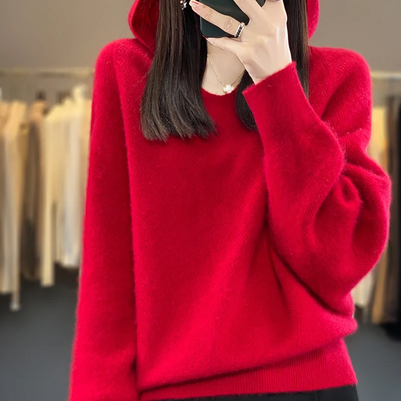 V-Neck Luxurious Merino Wool Hooded Sweater For Women\'s Autumn Winter Solid Color Loose Fitting Knitted Fashionable Jumper Top