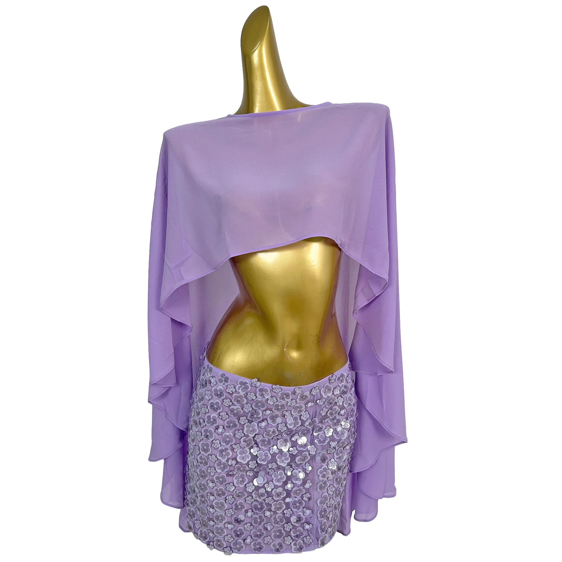 

Chuju Lavender Chiffon Cape with 3D Flower Sequin Embellished Bodycon Mini Skirt Set for Drag Queen Cabaret Performances