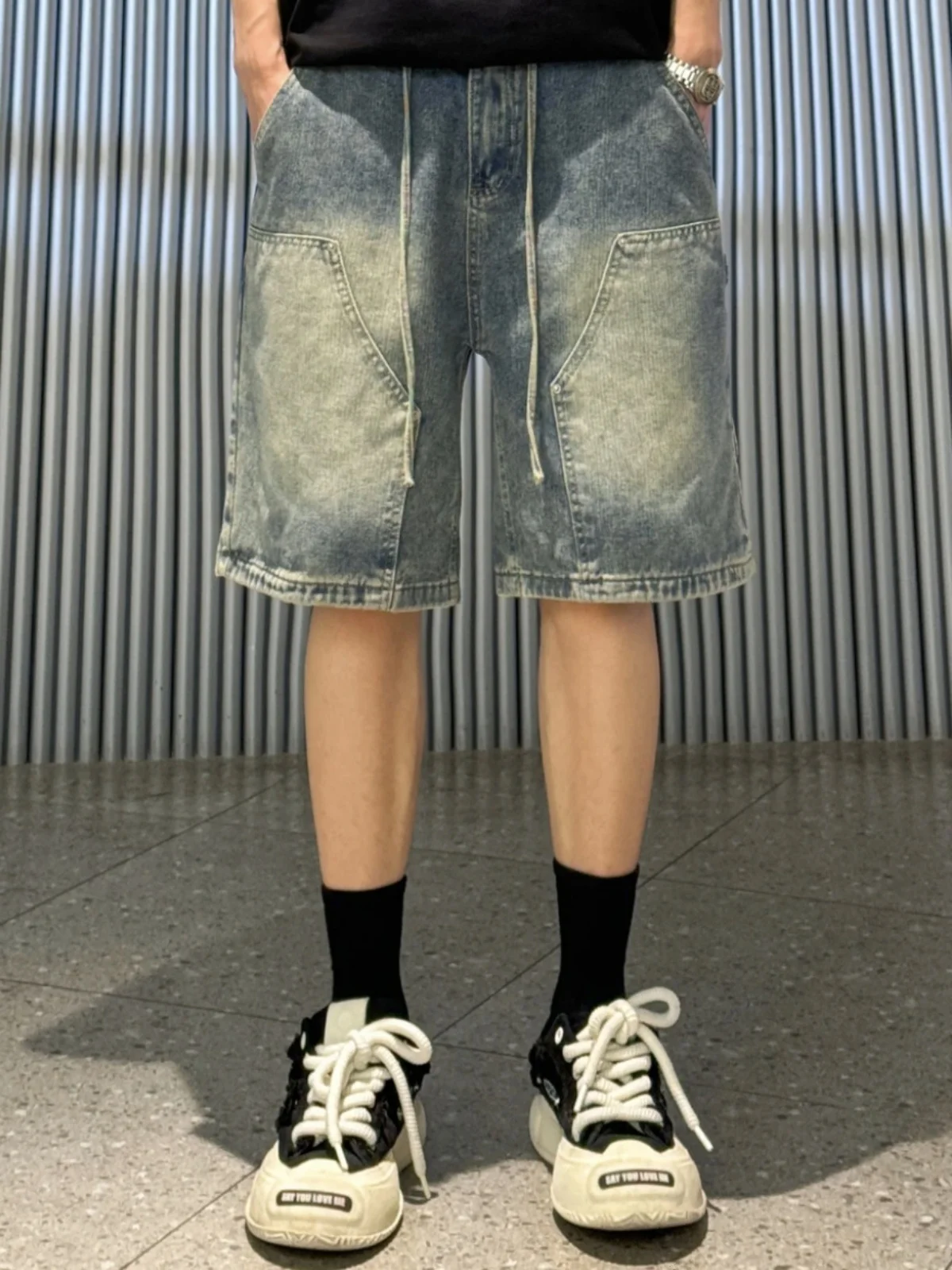 

Новые летние американские уличные винтажные джинсы с завышенной талией, мужские повседневные свободные брюки с пятью четвертью, молодежная повседневная одежда