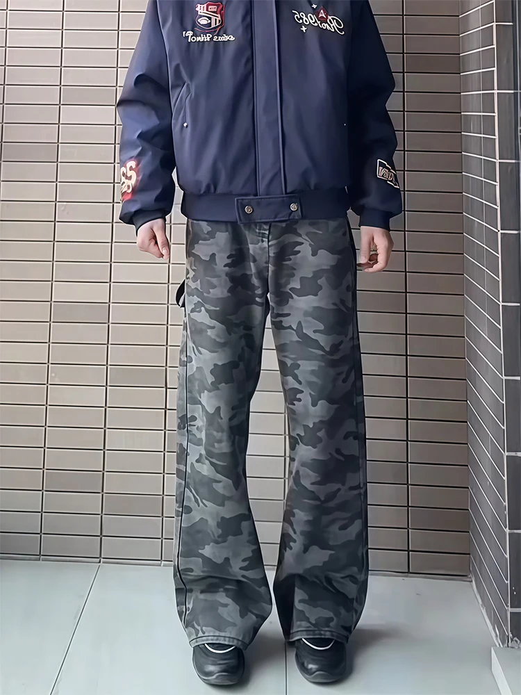 

American Retro Camouflage Knife Wide Leg Jeans Men's Oversize Casual Straight Fit Youthful Sle Four Season Versatile