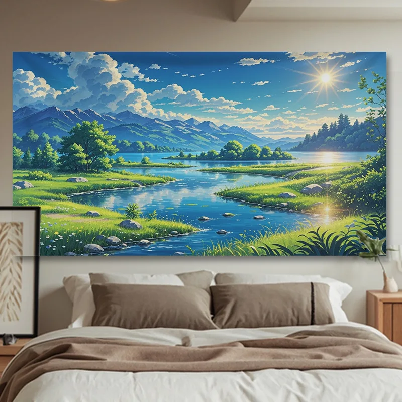 Wandteppich „Küstenstadt“ mit Meerblick – Möwe und Landschaft, Wandbehang für Schlafzimmer, ästhetische mediterrane Heimdekoration