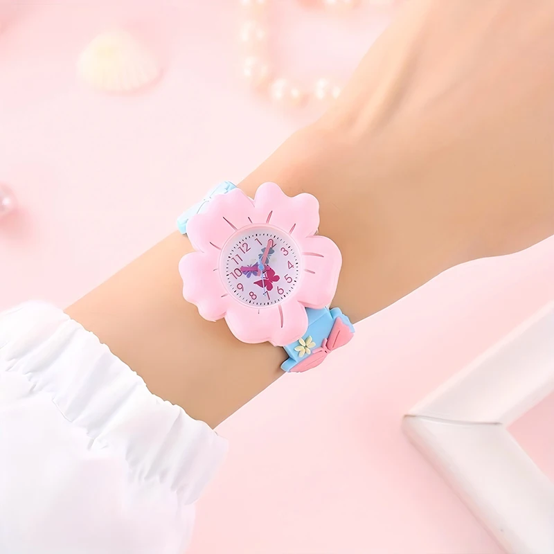 Cute Girls 3D Flowers and Butterflies Cartoon Watch - Soft PVC, Skin-friendly Silicone Strap, Quartz Movement, Not Waterproof