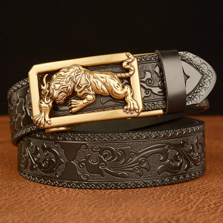 SupSindy New Men Genuine Leather Belt Luxury Gold Tiger Metal Automatic Buckle Cowhide Belts for Men Jeans Waistband Male Strap