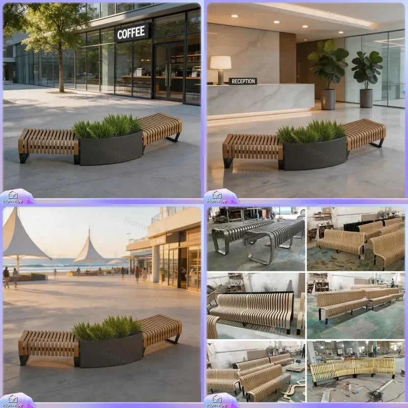 Outdoor Stainless Steel Flower Box Seat Antiseptic Wood Bench Public Rest Chair Landscape Planter Garden Furniture Patio