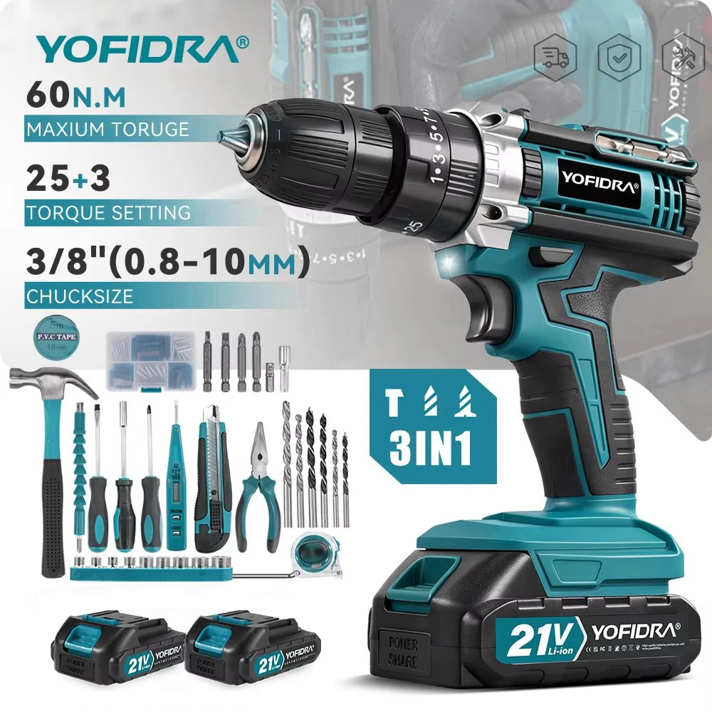YOFIDRA 25+3 Drehmoment-Elektrobohrmaschine 60N.M Akku-Schlagbohrmaschine Tragbarer Schraubendreher Holzbearbeitungswerkzeuge für Makita 21V Akku