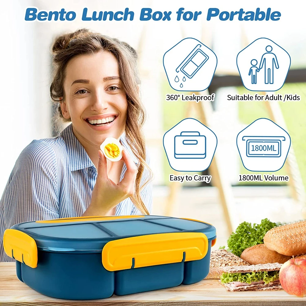 1800ML Bento Box for Adults Kids Lunch Container Bento Boxes Leakproof Micro-Wave Dishwasher Safe Blue Purple Food Storage Box