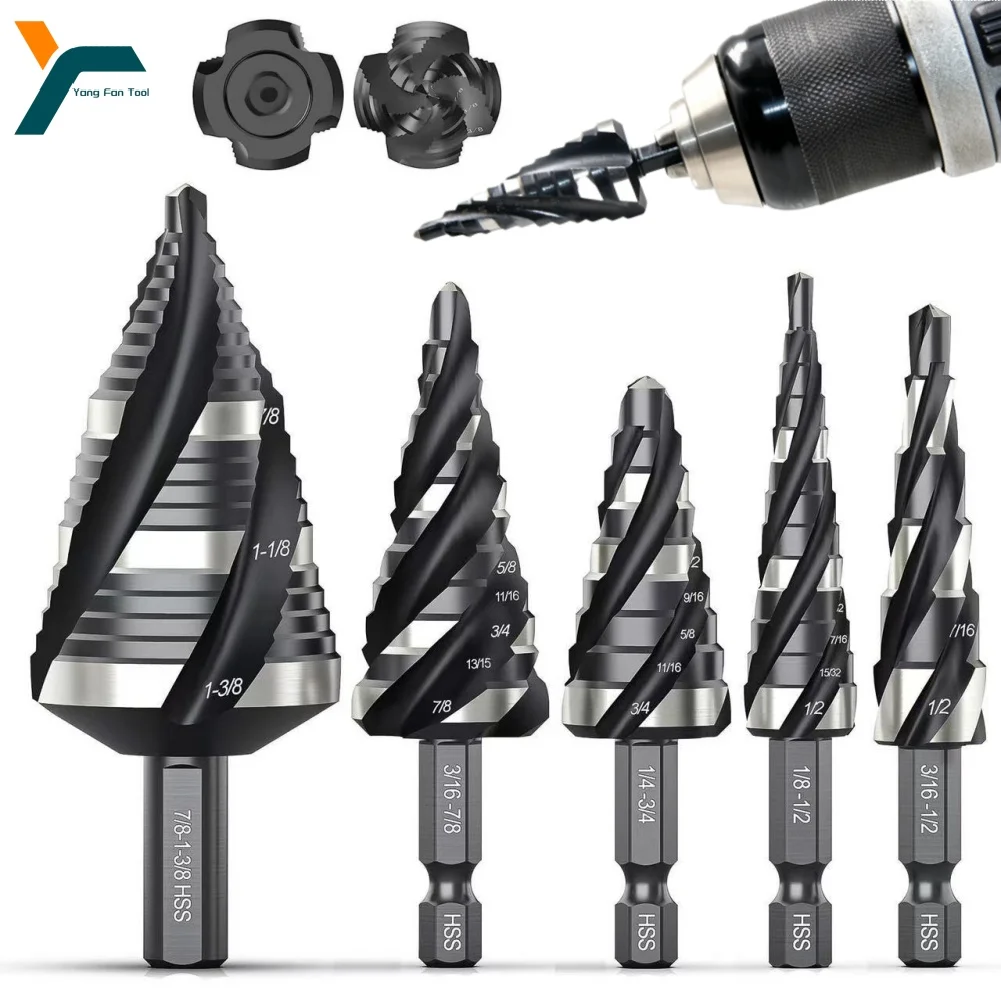

5Pcs Step Drill Bit Set Spiral 4 Flute Step Bits 1/8"-1-3/8" Hole Opener Wood Aluminum Metal Sheet Core Woodworking Tool