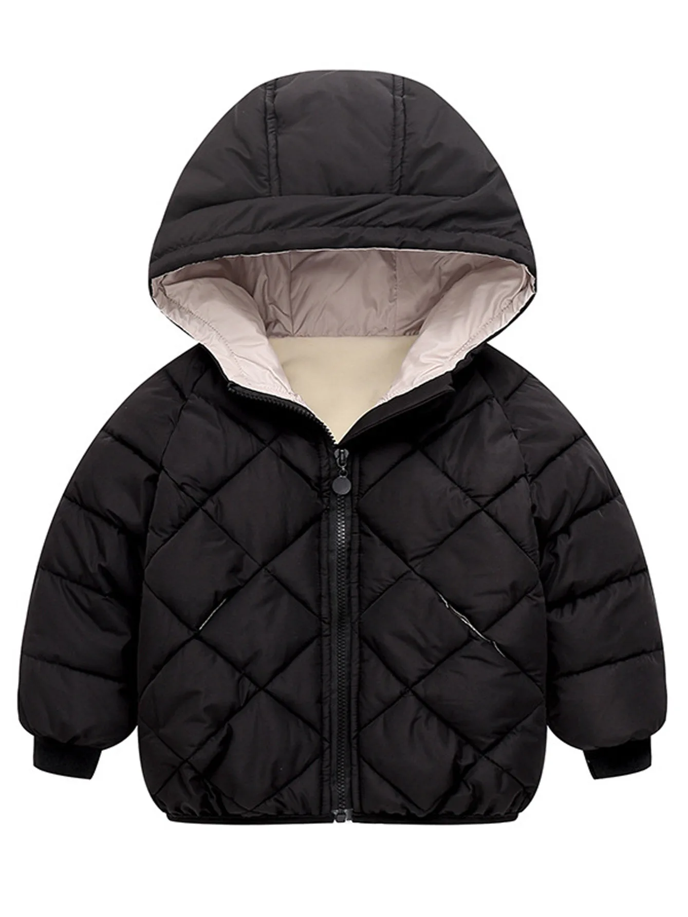 Boys And Girls Soft Fleece-lined Textured Padded Hooded Coat, Lightweight Solid Warm Puffer Jackets