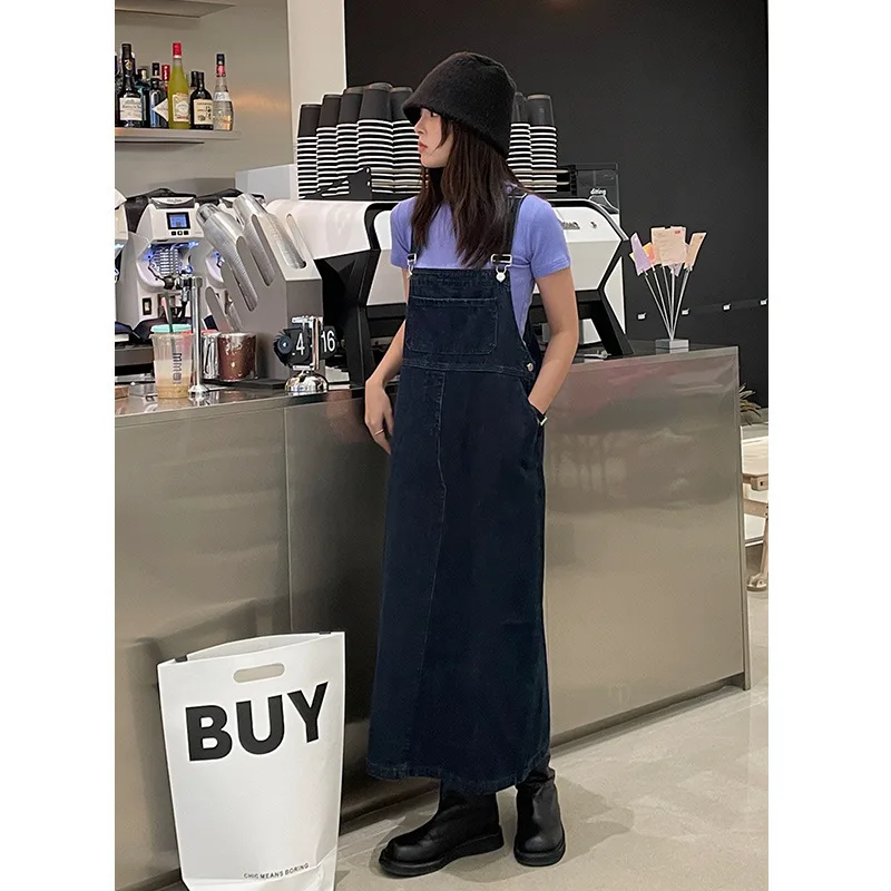 

Женское джинсовое платье на бретельках, осень 2022, новая Корейская версия, Мягкое повседневное модное платье из чистого хлопка с высокой талией и воротником-лодочкой
