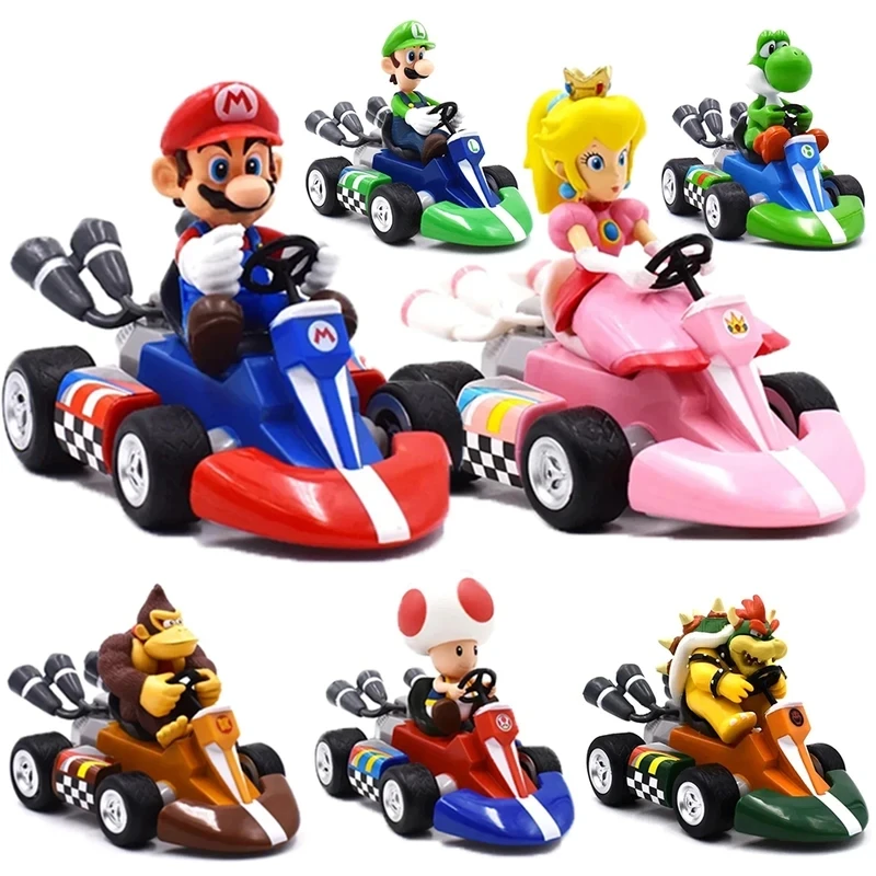 

Игровые фигурки Super Mario Bros Karting: Луиджи, Баузер, Принцесса Пич, Йоши, Тоуд. Машинки-игрушки с откатным механизмом. Аниме-фигурки персонажей игры. Подарки для детей.