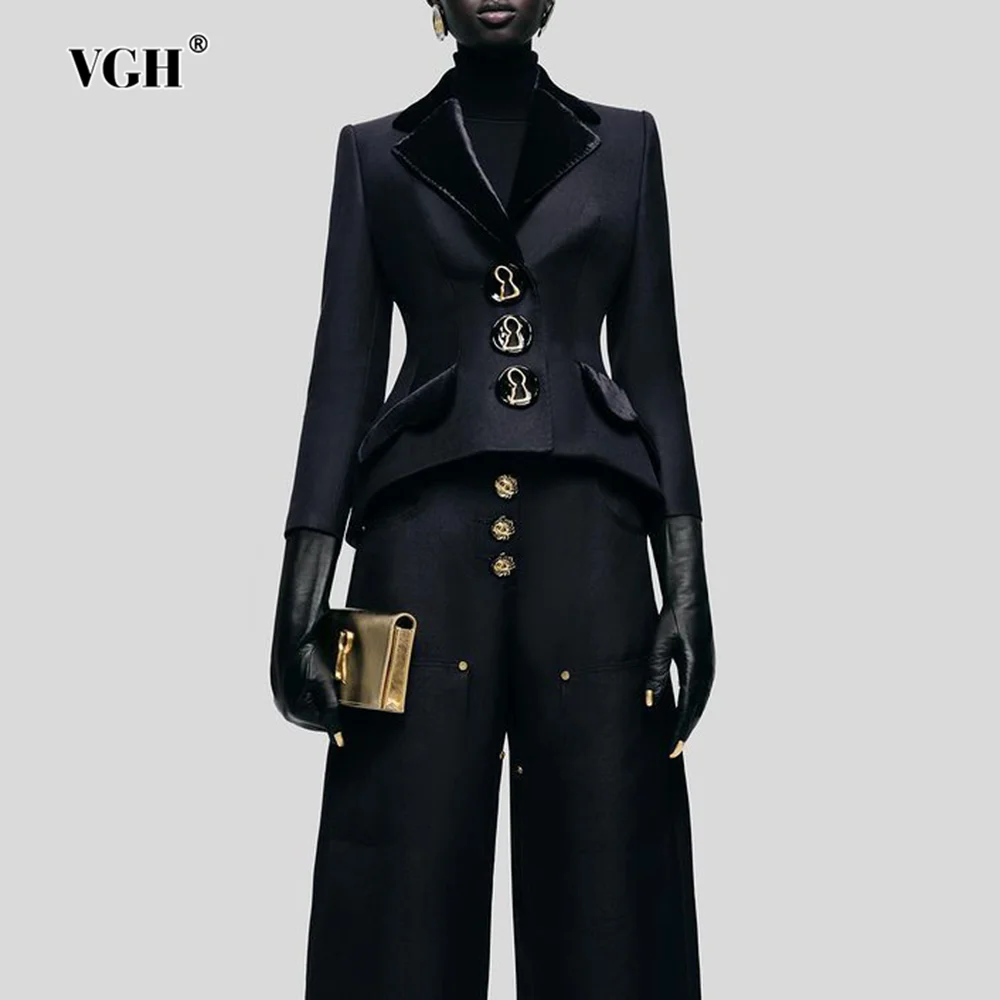 

VGH Elegant Vintage Solid Two Piece Sets For Women V Neck Long Sleeve Top High Waist Pants Temperament Set Female Fashion New
