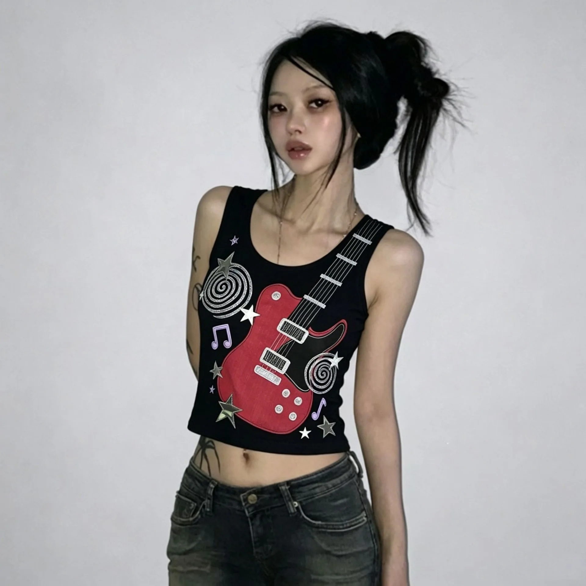 Guitar Music Note Print Tank Top U Neck Sleeveless Slim Crop Y2K Rock Punk Casual Vest