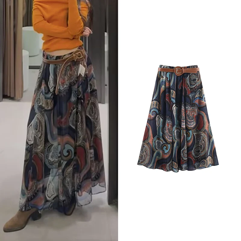 

Autumn Skirts Women's 2025 New Fashion Retro Print High Waist Elegant Women's Skirts Chic Youth Travel Holiday Skirts Autumn