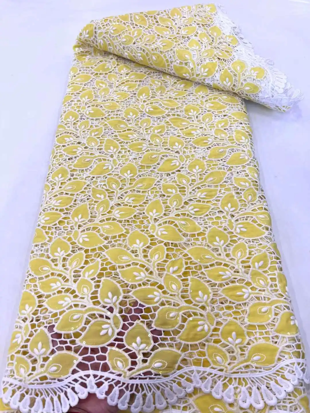 Yellow Milk Silk Lace Fabric African With Stones Lace Fabric French Guipure Cord Lace Fabric Nigerian Party Lace XC45T