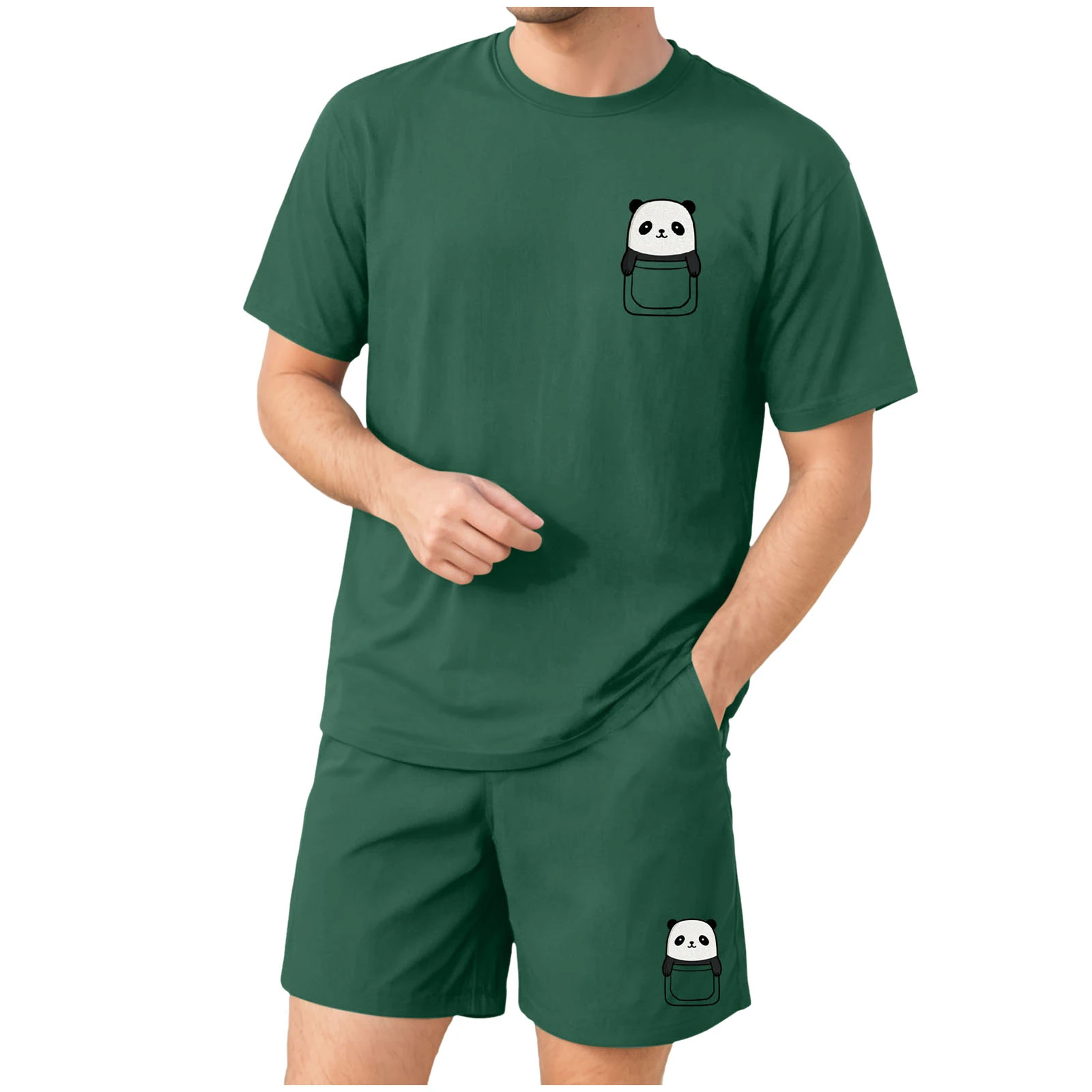

Slim Fit Tan Suit Men's Casual Sports Panda Pocket Print Short Sleeved T Shirt And Shorts Suit Home Mens Suit Rompers