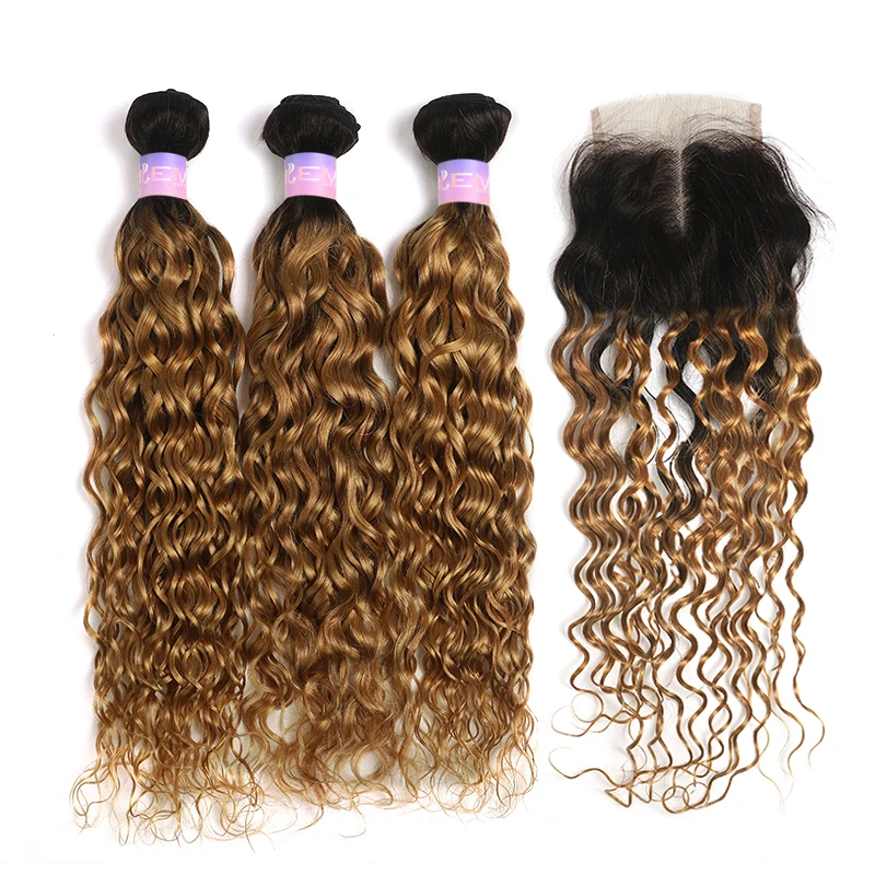 Water Wave Bundles With Closure Ombre Blonde Colored Human Hair Weave Extensions With Lace Closure Brazilian Remy Hair