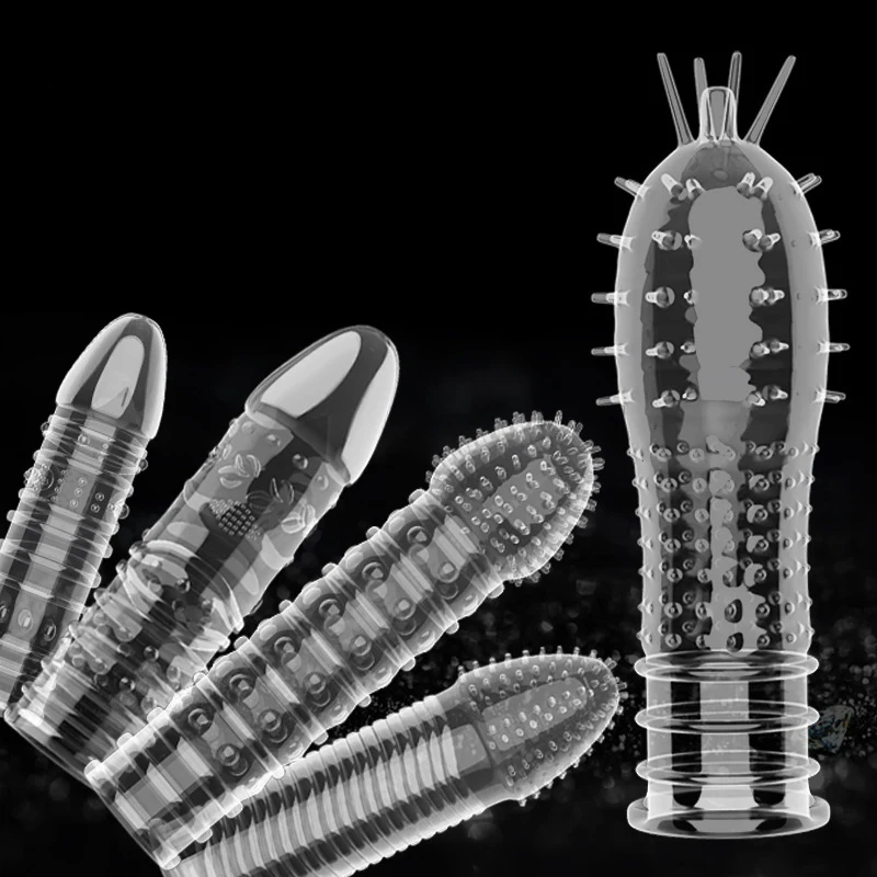 Extension Reusable Condom Penis Sleeve Male Enlargement Time Delay Spike Clit Massager Cover Crystal Clear Condoms Adult Sex Toy