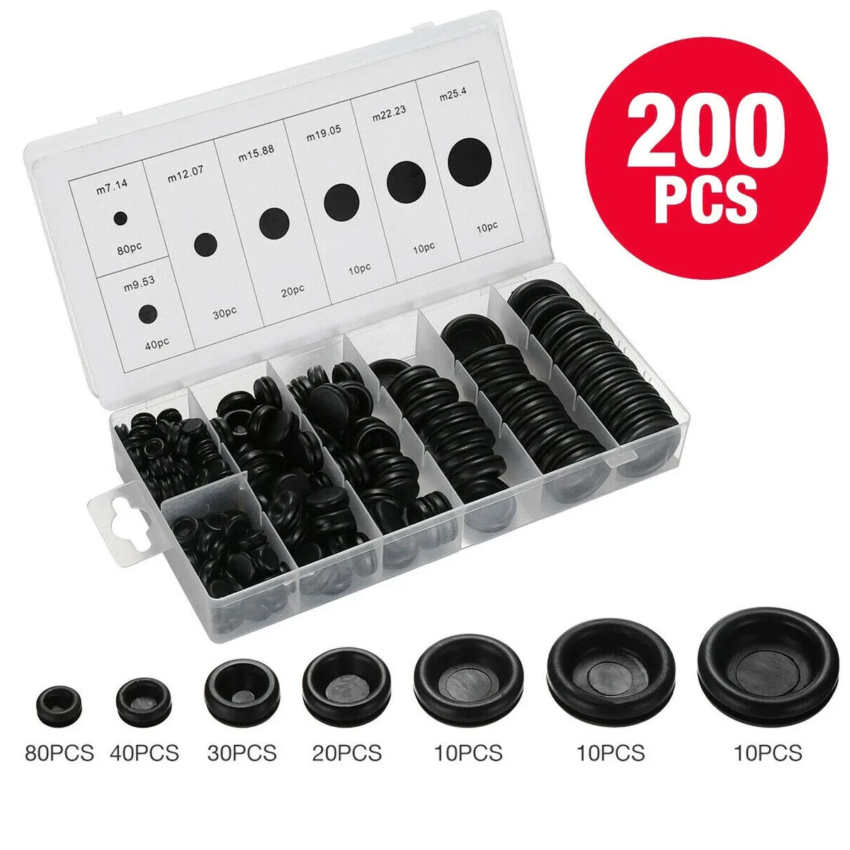 

200Pcs Black Rubber Grommet Blank Waterproof Protect Wire Tool 7 Sizes Sealing Cables Kit Electrical Plugs Conductor Gasket Ring