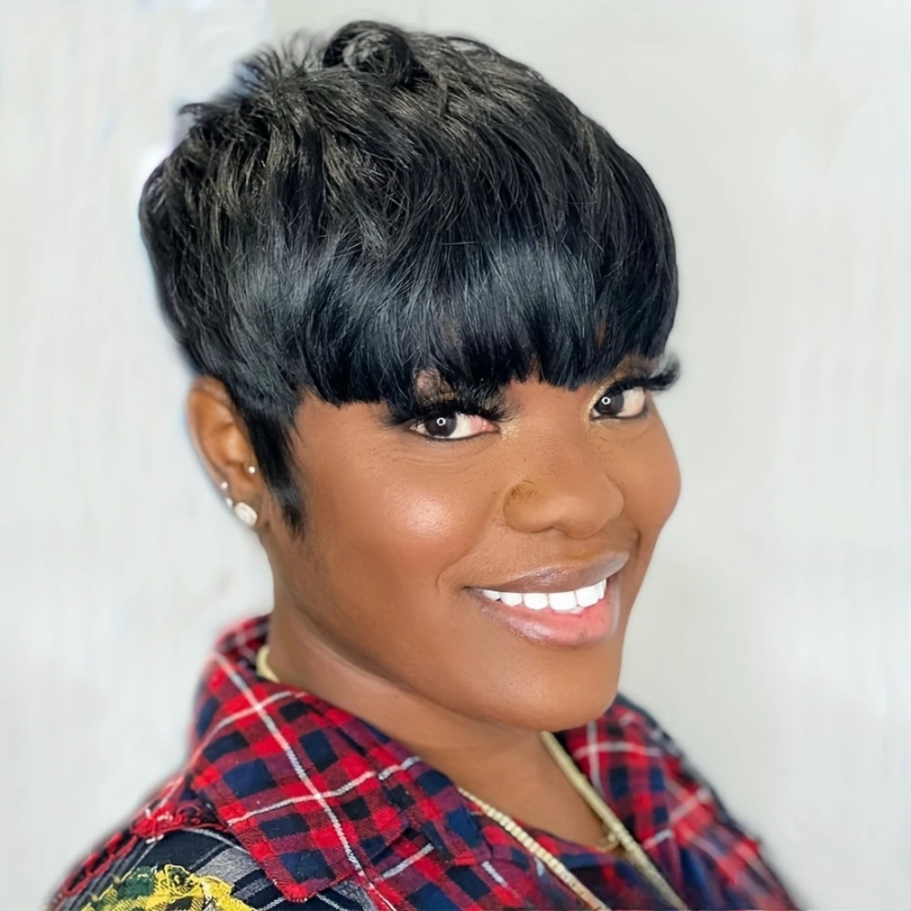 

Short Pixie Cut Straight Human Hair Wig Remy Hair Human Hair Wigs With Bangs Wig Full Machine Made Wig