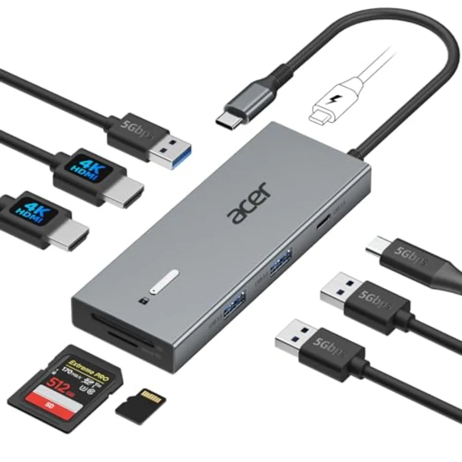 

USB C Docking Station for Acer/Dell XPS/HP/Mac/Surface with Dual HDMI 4K@60Hz 9-in-1 Port Hub including USB AC 3.0 SD/Micro SD