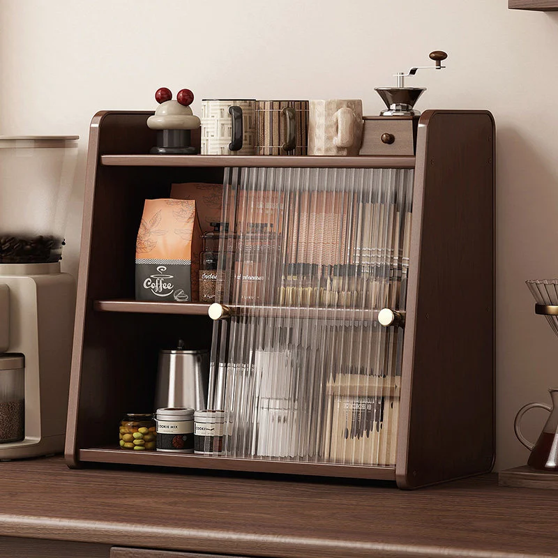 Walnut Countertop Storage Cabinet Cupboard with Glass Doors Compact Kitchen Organizer Close at Hand on Counters