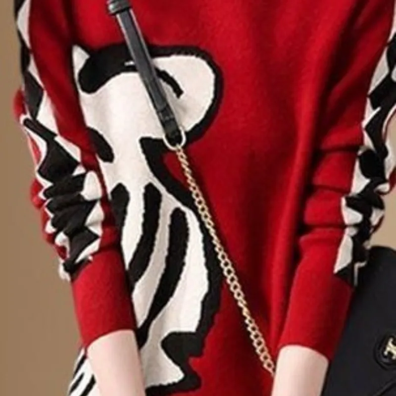 Women\'s Autumn and Winter New Fashion Elegant Pullover Round Neck Printed Loose Panel Long Sleeve Casual Sweater Knitted Dress
