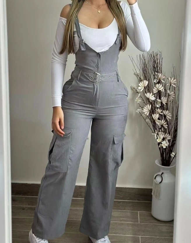 Women's Fashion Pocket Design Buckled Buttoned Suspender Jumpsuit Female Clothes New Woman Sleeveless Casual Long Jumpsuits