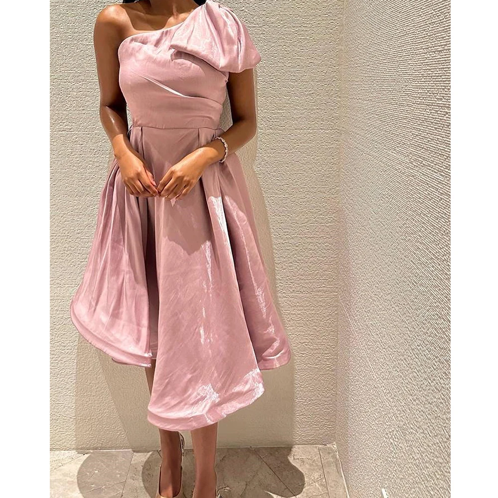 

Customized Satin A-Line One Shoulder Evening Dress Tea Length Sleeveless Solid Color High Quality Bespoke Occasion Gowns