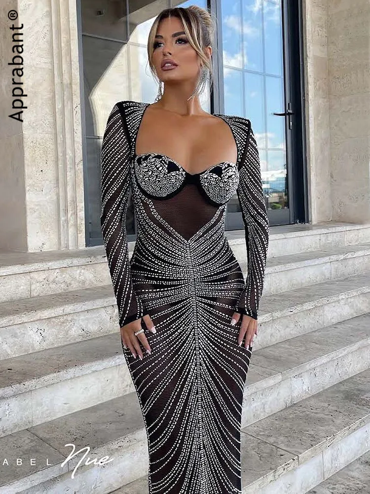 Apprabant Strass Pure Maille Maxi Robe Femmes Slash Cou Dos Nu à Manches Longues Moulante Club Sexy Nuit Robe De Soirée Vestido