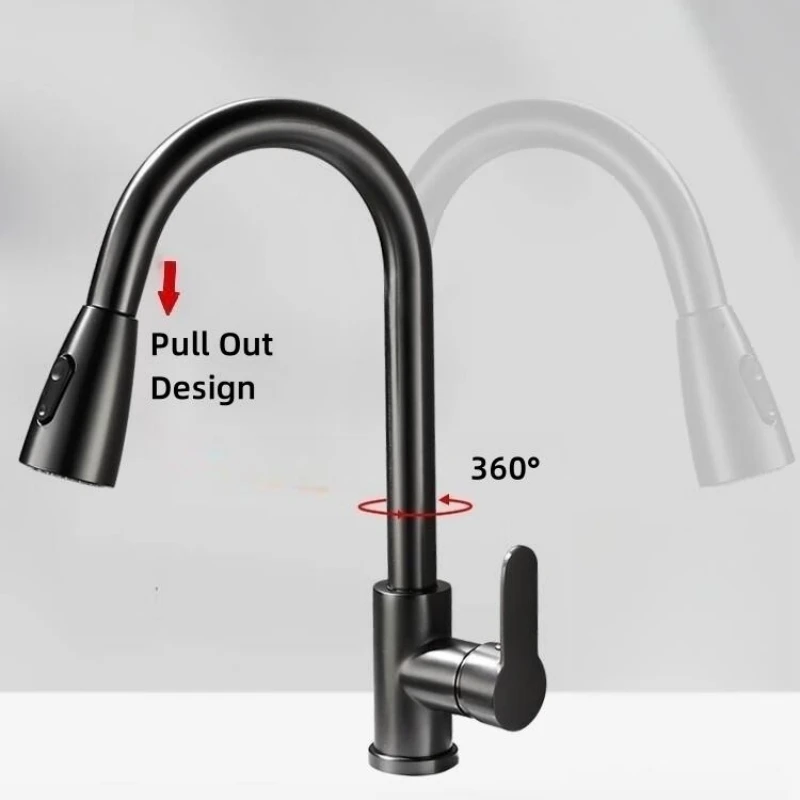 

360 Degree Rotation Pull-Out Water Faucet Tap with 2 Spray Modes Stainless Steel Hot and Cold Water Mixer For Kitchen