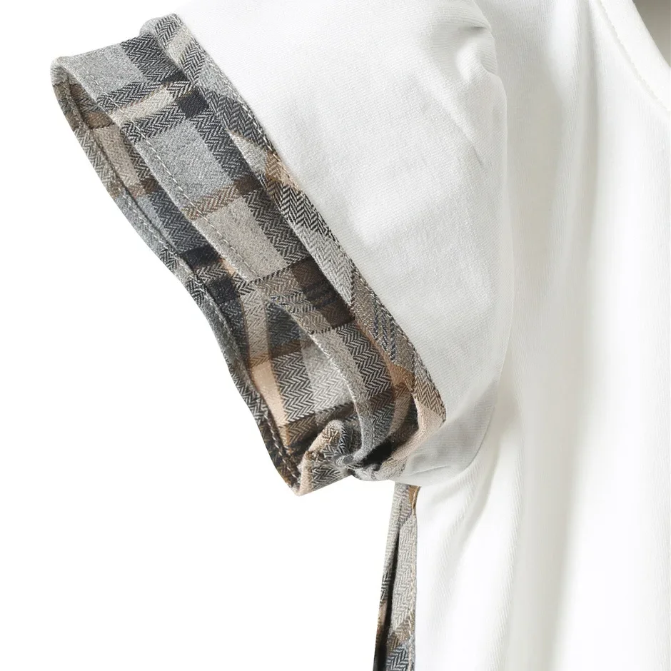 Summer 2-7 Years Child Preppy Style White Cotton Color Sleeves Patchwork Plaid Pleated Dress for Kids Baby Girls Kids Clothes