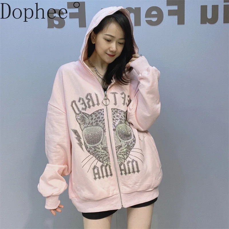 

Lazy Wind Loose Cardigans Coat Women Hooded Zip Sweatshirt New Spring Autumn Leopard Hot Drilling Long Sleeve Casual Jacket