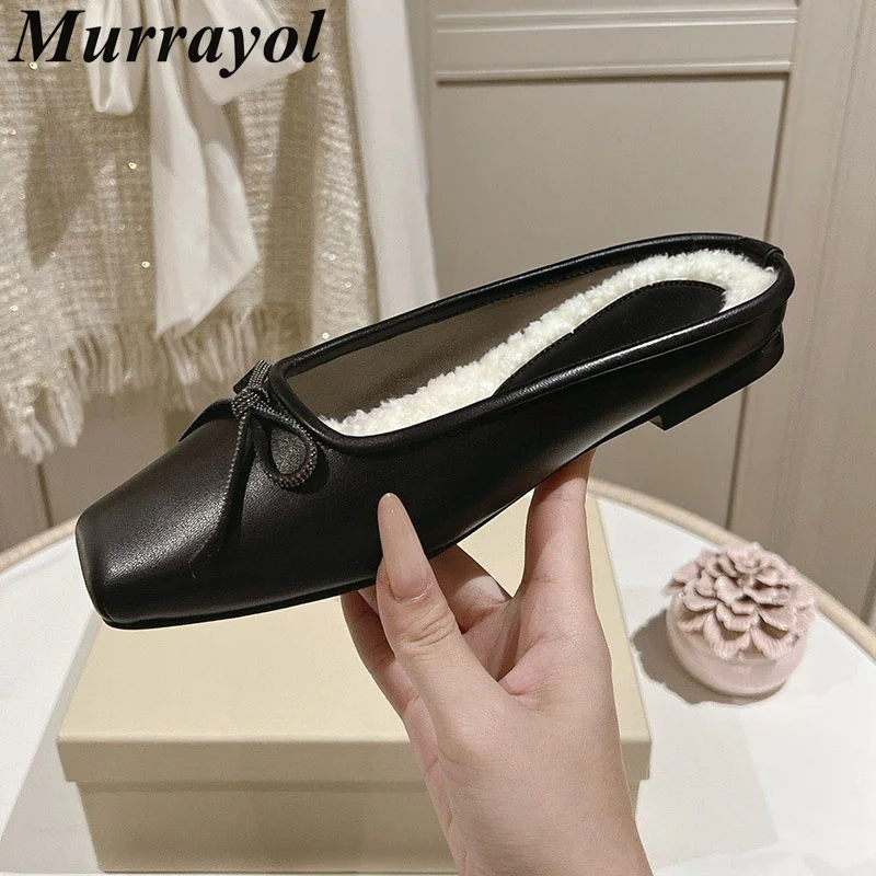 Lazy Mules Women Real Leather Closed Toe Bow-Knot Decor Flat Half Slippers Ladies Autumn Winter Outdoor Vacation Walking Shoes