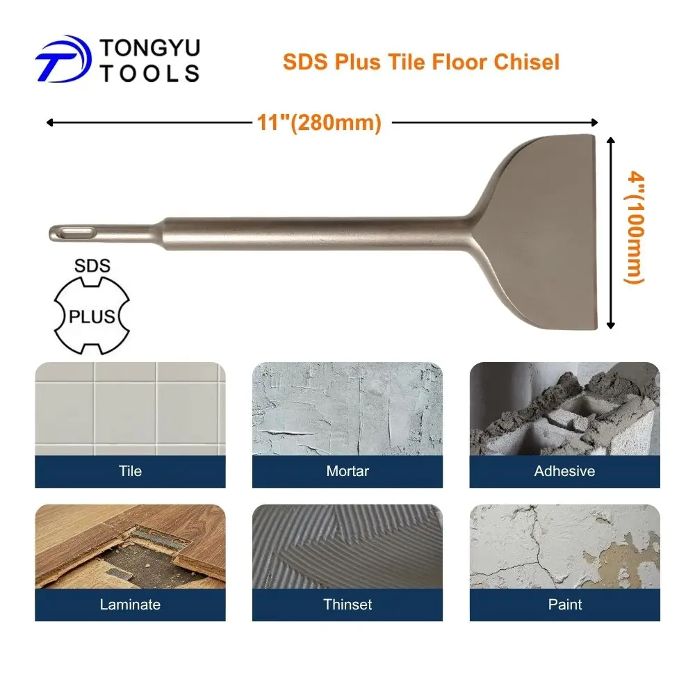 SDS Plus Tile Removal Chisel 100x280mm Straight Head Wide Chisel for Thinset Mortar Adhesive Removal
