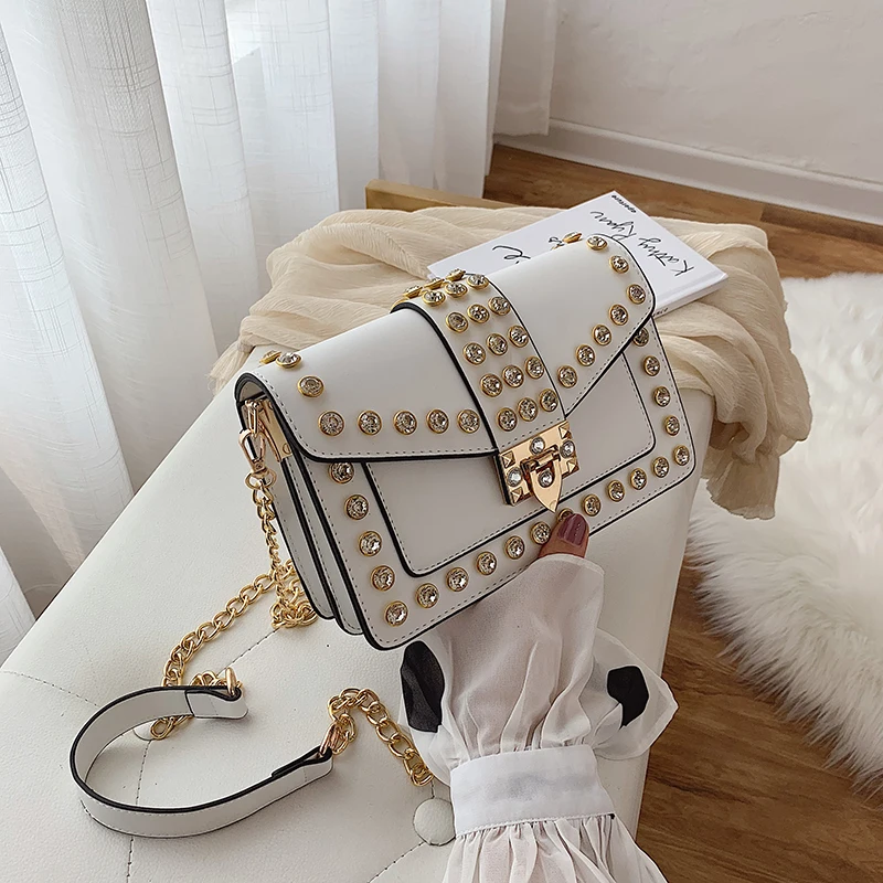 New Diamond Decor Small Square Bag For Women New Trendy Korean Versatile Chain Crossbody Bag Soft PU Single Shoulder Bag