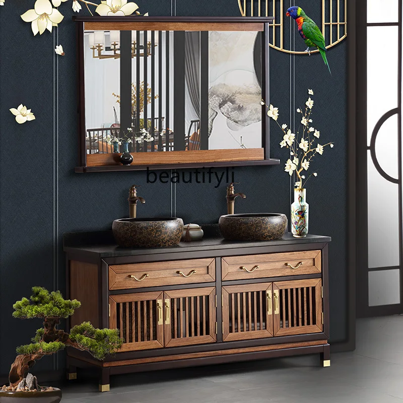 New Chinese Style Solid Wood Bathroom Cabinet Double Basin Sink Washbasin Cabinet Washstand Bathroom Cabinet