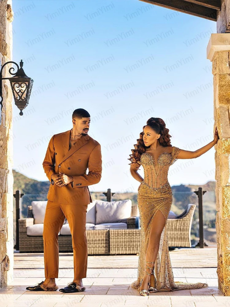 Costumes pour hommes marron 2 pièces revers cranté Double boutonnage robes de soirée costume pour hommes mariage marié bal Blazer personnalisé