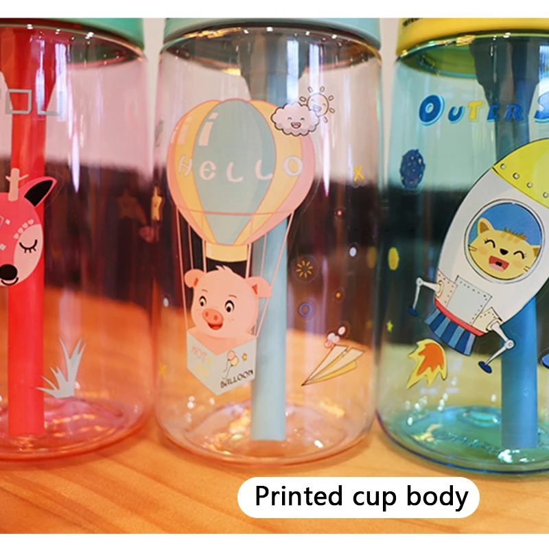 480ML Kids Plastic Water Cup Child Water Sippy Cup Cartoon Baby Feeding Cup With Straws Leakproof Water Bottles Outdoor Portable