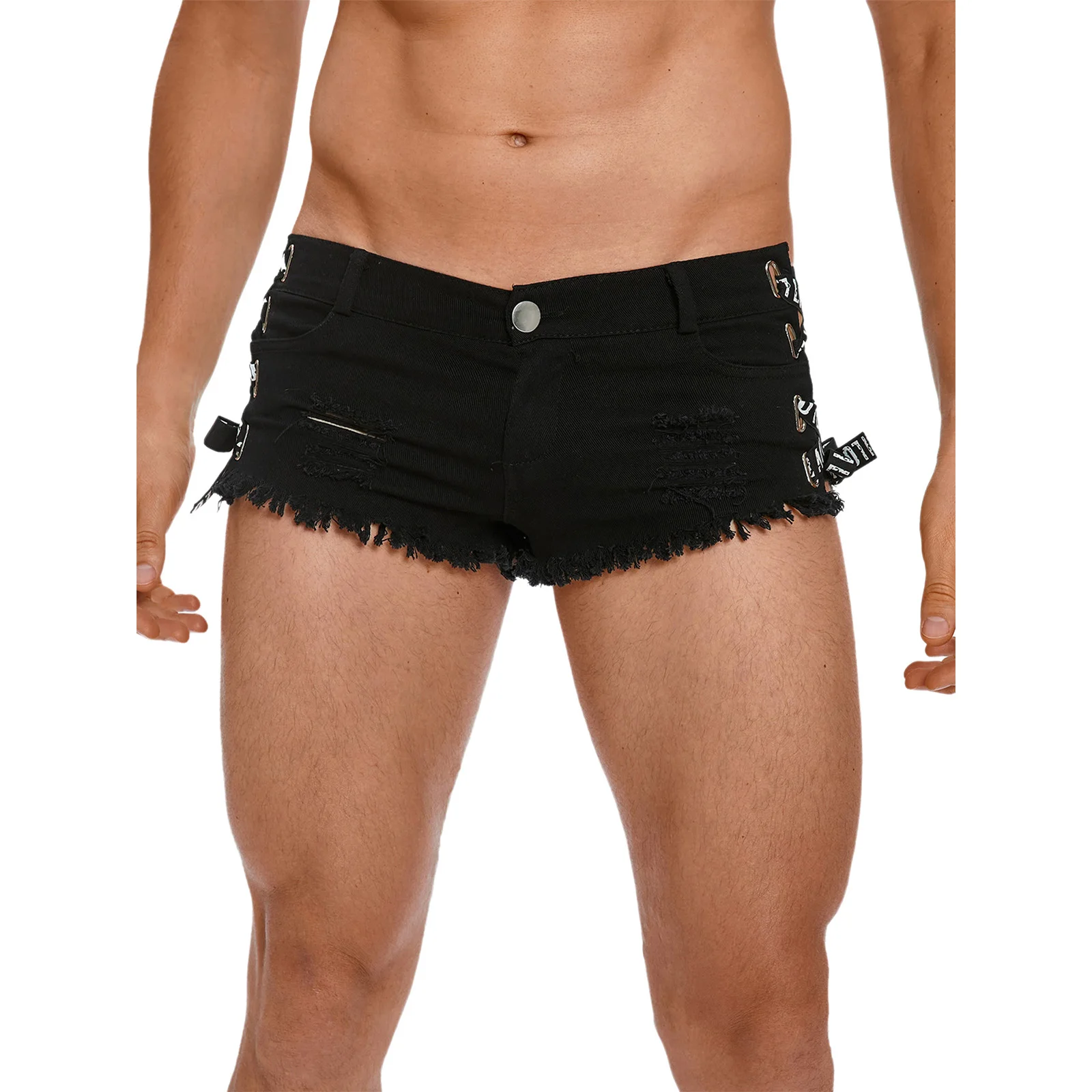 Men's Low Rise Hot Pants Jeans Raw Edge Ripped Skinny Denim Shorts with Sides Lace-up Letters Ribbons Beach Rave Party Clubwear
