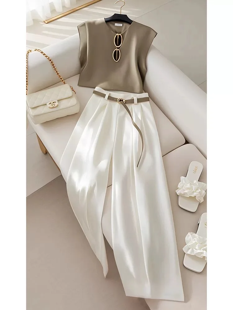 

New High End Office Lady Summer Two Piece Sets Women Elegant O-neck T-shirt Crop Top + Wide Leg Pants Fashion Women's Suit