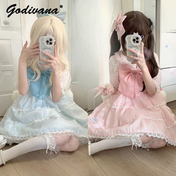 

Lolita Pearl Suspender JSK Dress for Women Girls 2024 New Summer Sweet Cute Strapless Big Bow Short Sling Dresses